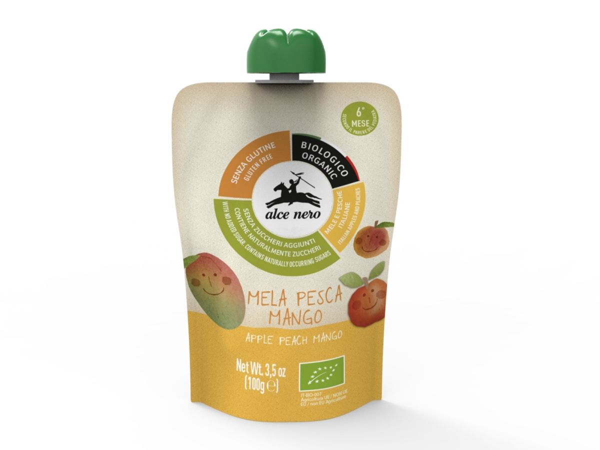 Alce Nero amplia la linea baby con due puree di frutta bio: Mela e Mela, pesca e mango