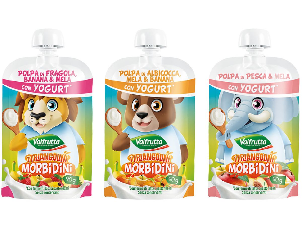 Valfrutta lancia i Triangolini Morbidini con yogurt, le nuove polpe di frutta in doypack