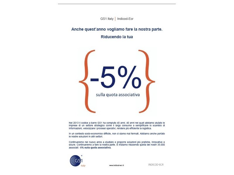 GS1 Italy | Indicod-Ecr riduce del 5% la quota associativa del 2014 GS1 Italy | Indicod-Ecr riduce del 5% la quota associativa del 2014